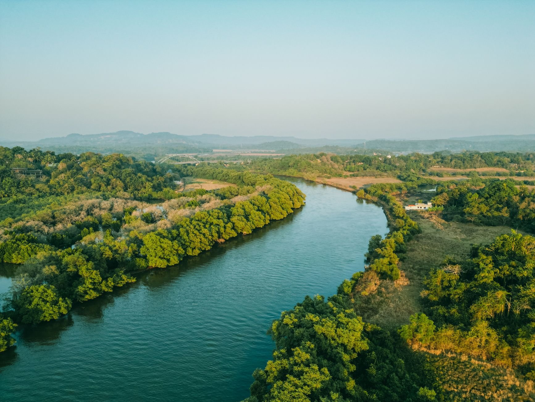 Aerial view of a lush meandering river through green landscape in Goa, India